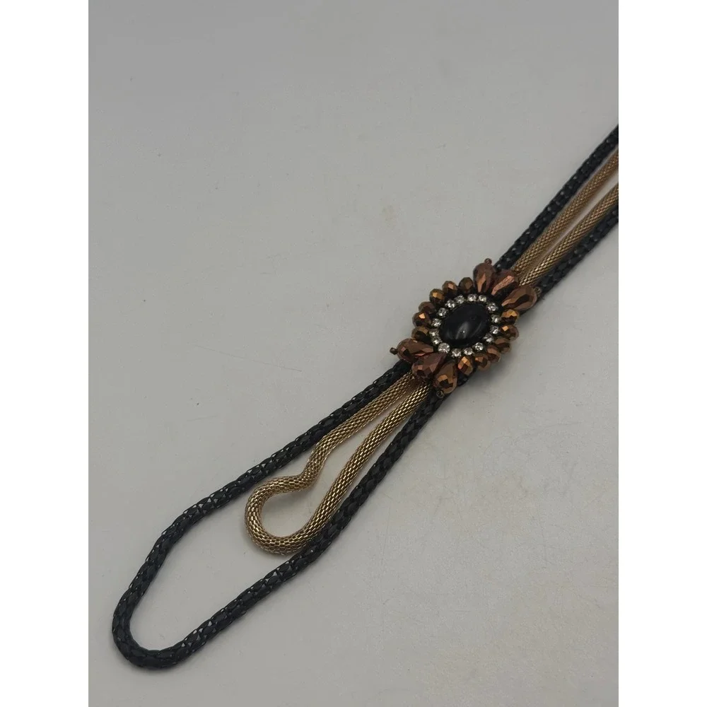 Vintage Multi Strand Bolo Necklace Black Gold Mesh Chain Rhinestone Cabochon